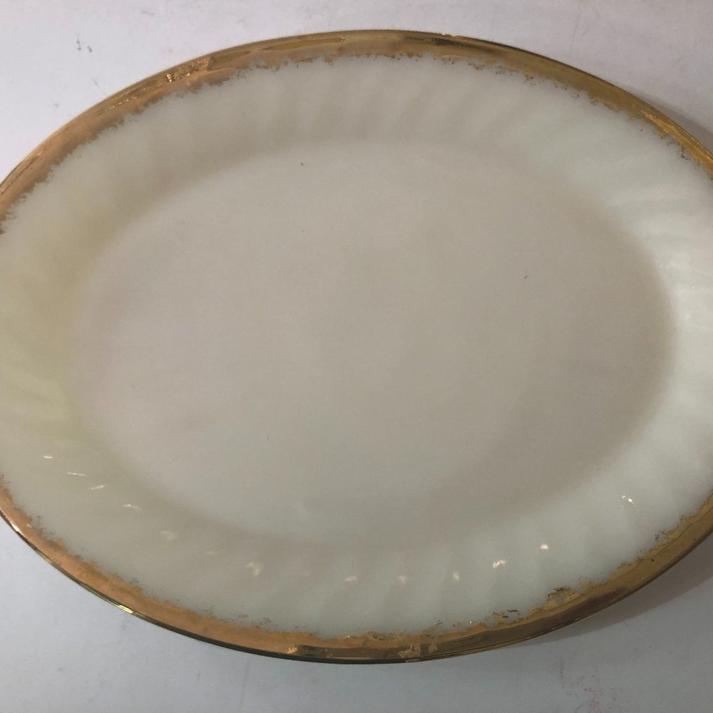 Vintage White Milk Glass Plate With Gold Plated Trim. 12” long